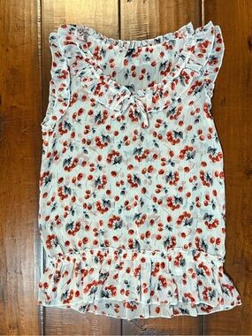 Ava Christine White Cherry-Print Ruffle Neck Sleeveless Blouse